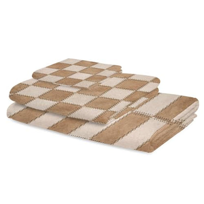 Brown Beige Checkered Bath Towels Set of 3 for Bathroom,Soft Absorbent Shower Beach Hand Face Hair Yoga Workout Gym Towel Dish Wahcloth,Modern Farmhouse Plaid Burlap Quick Dry Bath Towels+Set - color: Beige, Tan, Cream