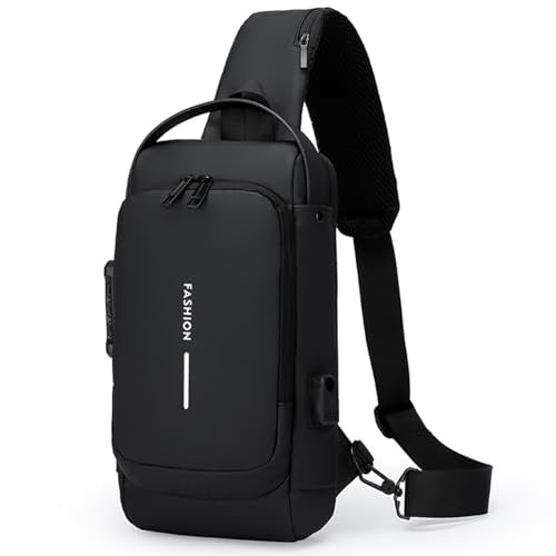 Sling Bag for Men Anti-theft USB Crossbody Shoulder Backpack Purse Waterproof PU Leather Chest Bag Travel Daily Use - color: Black