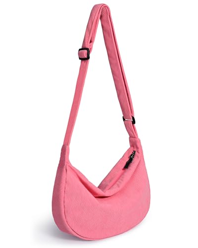 Crossbody Crescent Bag for Women Men Trendy, Crescent Sling Bag with Adjustable Strap, 2 Zippers Lightweight - color: Corduroy-pink