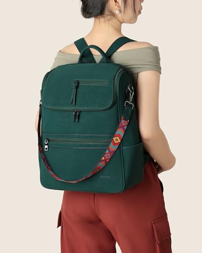 FADEON Laptop Backpack for Women Leather Travel Backpack with Laptop Compartment, Designer Ladies Computer Backpacks Green - color: Dark Green Nubuck Style