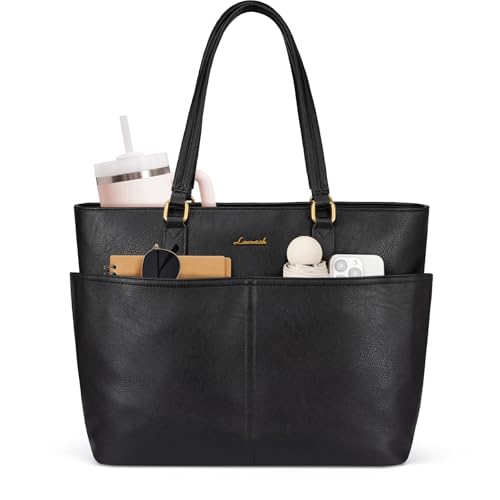 LOVEVOOK Work Tote Bags for Women, Vintage Leather 15.6 Inch Laptop Bag with Large Cup Holder, Teacher Nurse Medical Professional Computer Bag, Office Briefcase Handbag Gift - color: Black, size: 15.6 Inch