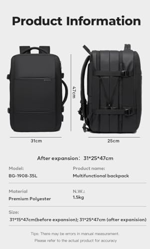 BANGE 35L Travel Backpacks,Weekender Expandable Carry-On Backpack for Airplanes, Waterproof 17.3 inch Laptop Backpack for Men and Women - size: black-35l
