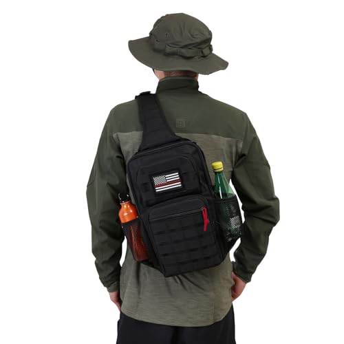 Rover Sling Pack Tactical Shoulder Sling Bag Backpack with Bottle Holder Crossbody Chest Bag, Black with Red Rope/Patch - color: Black With Red