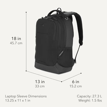 SWISSGEAR Cecil Laptop Backpack, Fits Most 16-Inch Laptops, Three-Compartment Design, Airflow Back Panel, Black, 27.3L, 18-Inch - color: Black Hex