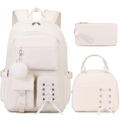 Scothen Backpacks for Girls, Girls Backpack with Lunch Box & Pencil Pouch for Teens Girl Kids Elementary Middle High School College Student Bookbag Daypack Laptop Travel Backpack for Women - color: Beige