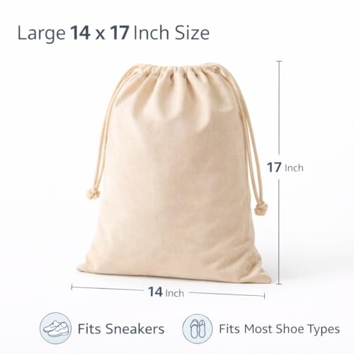Cotton Shoe Bags with Drawstring | Dustproof, Washable Travel Shoe Pouch | Natural Canvas Organizer for Men & Women | Fits Sneakers, Sandals, Slippers | 14” x 17” (Pack of 3) - color: Cotton, style: Pack 3
