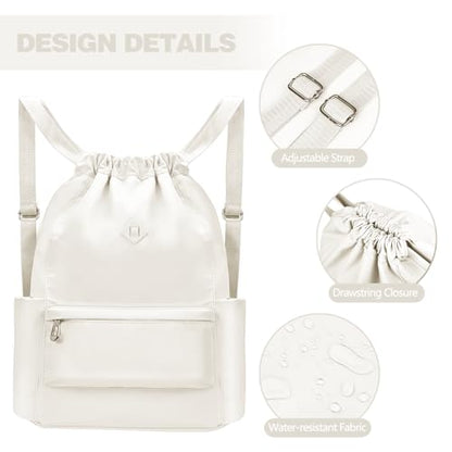 BAVELOE Drawstring Backpack with Wet Pocket Gym Backpack Water-Resistant Cinch String Bag Beach Swim for Women Men - color: Beige
