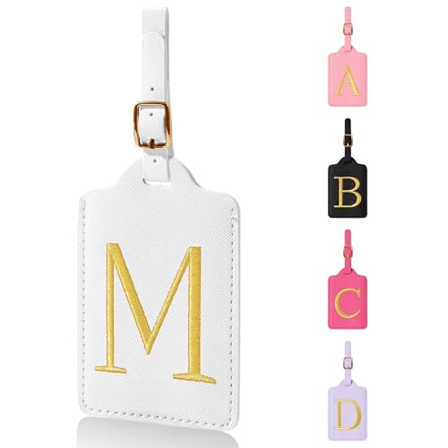 Personalized Initial Luggage Tags for Suitcases,Leather Letter Cute Luggage Tags with Privacy Name Card,Embroidered Monogrammed Travel Bag Backpack Tag Gifts for Women Kids Girls Teens(White-M) - color: White, size: M