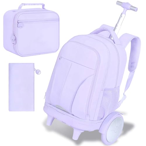 AGSDON Quiet Glide Rolling Backpack with Lunch Box Set - Large Wheel Water-Resistant Wheeled Bag for Business, Travel, and College | Lavender Purple 3-in-1 Organizer Backpack - color: Reflective Purple - Rolling Backpack