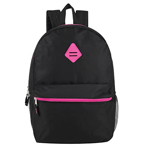 Trail maker 19" Classic School Backpacks with Mesh Side Pockets, Solid Color Backpack for Kids, Adult, Travel - color: Black & Pink