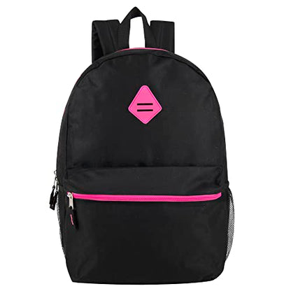 Trail maker 19" Classic School Backpacks with Mesh Side Pockets, Solid Color Backpack for Kids, Adult, Travel - color: Black & Pink