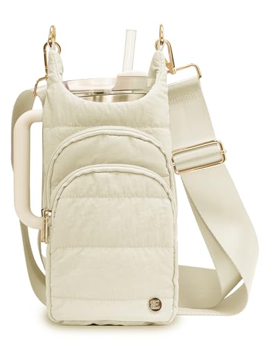 Water Bottle Holder with Strap for 30/32 oz, Crossbody Water Bottle Carrier Bag with RFID Blocking Phone Pocket - color: Beige