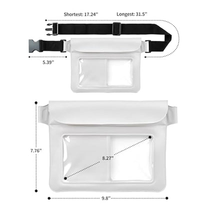 Waterproof Dry Bag Set 2 Pcs: White 9.8" Clear Fanny Pack with Black Waterproof Phone Case -7" Phone Pouch, IPX8 Floating Water Proof Belt Bag with Adjustable Strap for Cruise Beach Swim Essentials - color: White fanny pack + Phone pouch 7"