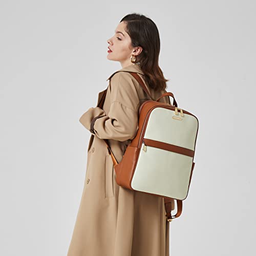 BOSTANTEN Genuine Leather 15.6 inch Laptop Backpack Purse for Women College Casual Backpack Travel Bag - color: 1-d-beige With Brown