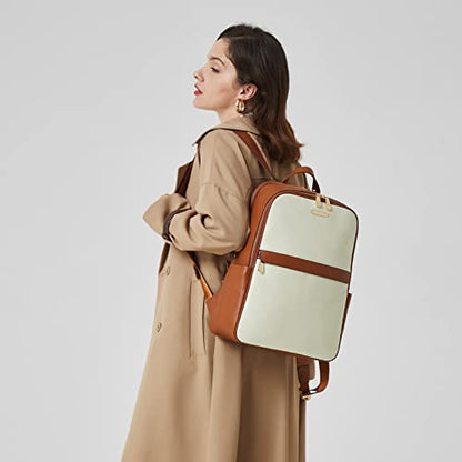 BOSTANTEN Genuine Leather 15.6 inch Laptop Backpack Purse for Women College Casual Backpack Travel Bag - color: 1-d-beige With Brown