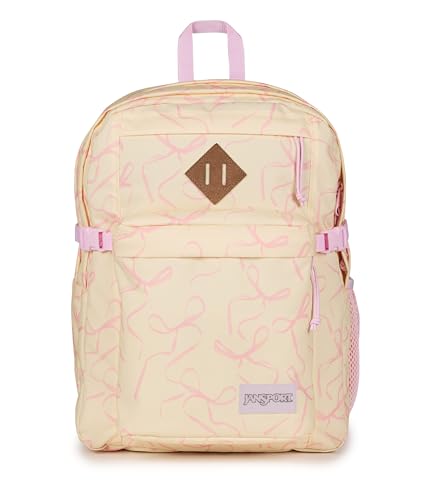 JanSport Main Campus Backpack - Travel or Work backpack w 15-Inch Laptop Sleeve and Dual Water Bottle Pockets, Rows Of Bows Natural/Pink Ice - color: Rows of Bows Natural/Pink Ice