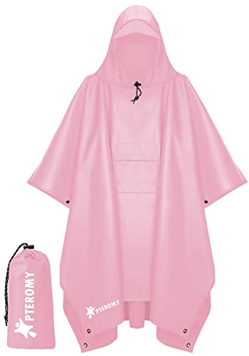 PTEROMY 3-in-1 Hooded Rain Poncho for Adult with Pocket, Waterproof Lightweight Unisex Raincoat for Hiking Camping Emergency - color: Pink
