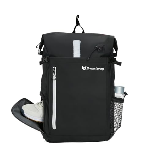 Smartway Waterproof Pickleball Bag With Shoe Compartment - Large Capacity Tennis Racket Backpack For Men Women - color: Black