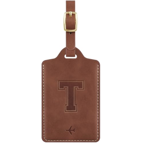 Luggage Tags for Suitcase Embossed Personalized Initial Letter T Travel Tags with 3 Replaceable Name Cards Leather Privacy Bag Tags Travel Essentials Backpack Tags for Women and Men, Brown T - color: Brown, size: T