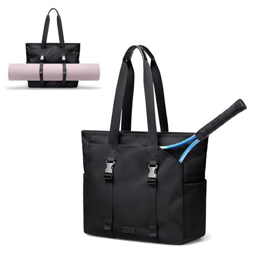 Tennis Tote Bag for Women with Yoga Mat Straps, Racket Holder Bags, 24L Lightweight Sports Bag with Wet Pocket - color: Black