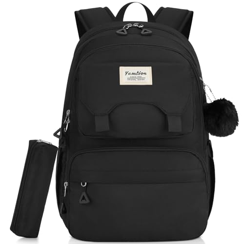YAMTION Backpack for School,Laptop Back Pack for Girls with Multiple Pockets,Travel Backpack for Women,Teenage Bookbag with a Pencil Pouch for High School College（Black ）