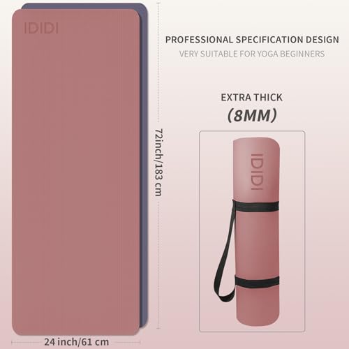Yoga Mat with Strap,Non-Skid Workout Mat,8mm Thick Yoga Mat,POE Yoga Mats for Women Men Kids,Exercise Mat with Easy-Cinch,72"x24"x0.32” (183x61x0.8cm) - color: Deep Pink+Grey