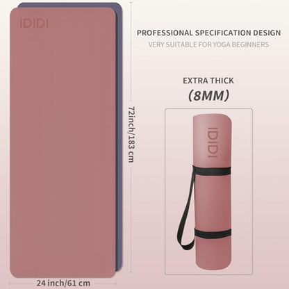 Yoga Mat with Strap,Non-Skid Workout Mat,8mm Thick Yoga Mat,POE Yoga Mats for Women Men Kids,Exercise Mat with Easy-Cinch,72"x24"x0.32” (183x61x0.8cm) - color: Deep Pink+Grey