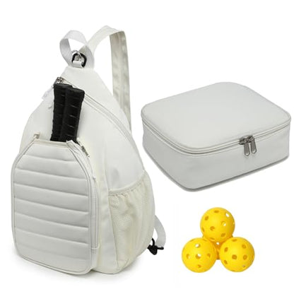 RAINBOW SMILE Sling Bag Crossbody Backpack for Pickleball Paddle Tennis Racketball Travel for Men and Women, with Ice Bag 2PS - color: White