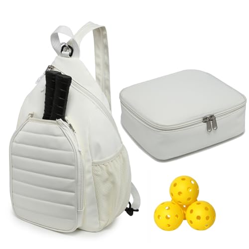 RAINBOW SMILE Sling Bag Crossbody Backpack for Pickleball Paddle Tennis Racketball Travel for Men and Women, with Ice Bag 2PS - color: White