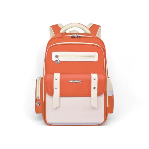 Kids Backpack for Kids, Lightweight Waterproof Orange White Backpack for School, Kindergarten Elementary School Students Boys & Girls Backpack with Safety Whistle and Includes a Detachable Waist Belt - color: Orange