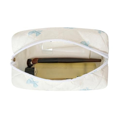 Cute Floral Makeup Bag Small Cotton Quilted Cosmetic Bag, Aesthetic Essential Bag Emergency Bag Gift for Women Girls Travel Accessories (Blue Small Bowknot) - color: A4 Blue Small Bowknot