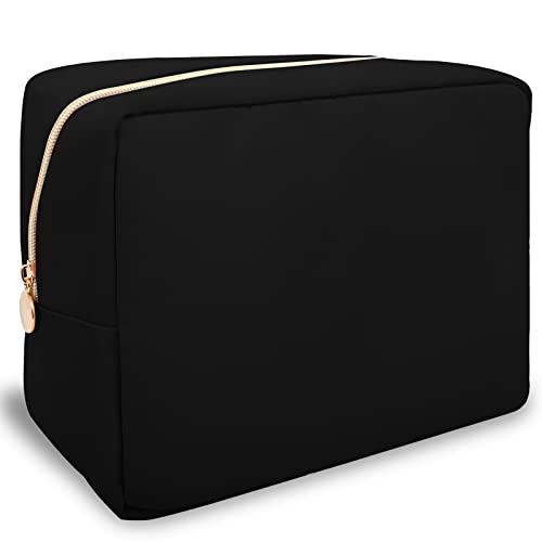 Nylon Large Makeup Bag Travel Pouch for Women, Preppy Big Black Makeup Bag Cute Cosmetic Zipper Pouch Purse, DIY Chenille Letter Bag Waterproof Toiletry Bag Clutch Make Up Organizer for Girls(Black) - color: Black, size: Large