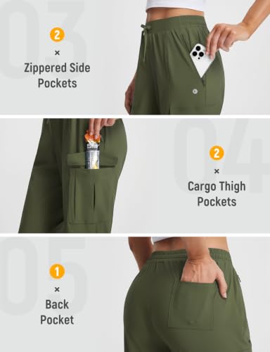 baleaf Women’s Petite Travel Hiking Pants Quick Dry Stretch Cargo Ankle Pants with Zipper Pockets - color: Army Green, size: X-Small