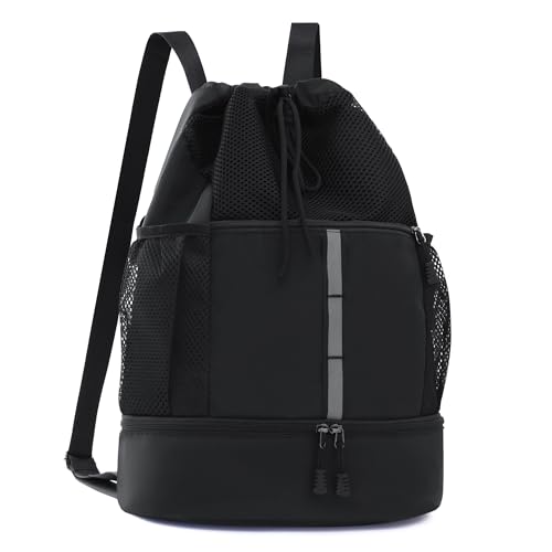 Sports Drawstring Backpack Swim Gym Bag with Wet Proof Pocket and Shoe Compartment for Men Women