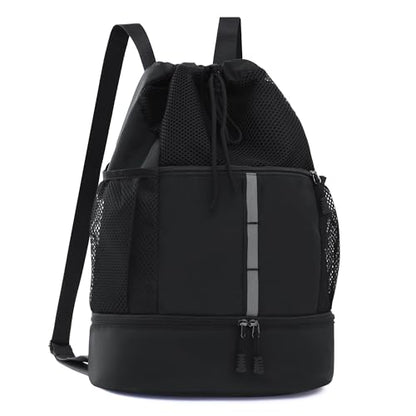 Sports Drawstring Backpack Swim Gym Bag with Wet Proof Pocket and Shoe Compartment for Men Women