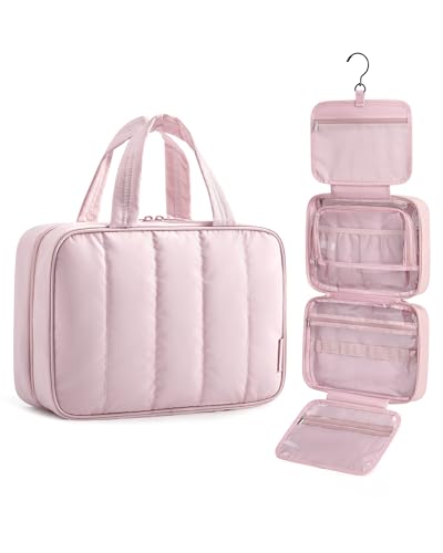BAGSMART Travel Toiletry Bag for women, Portable Hanging Hook Makeup Bag Organizer, Waterproof Makeup Cosmetic Bag, for Full-Size Accessories, Toiletries, Pink - color: Pink