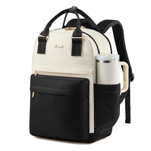 LOVEVOOK Laptop Backpack for Women with Giant Tumbler Holder Pocket, 15.6 inch Laptop Computer Bag Travel Backpack Purse, Waterproof Work Nurse Teacher Bag College School - color: Black & Beige, size: 15.6 Inch-cup