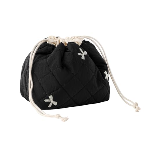 uekeboag Cotton Quilted Drawstring Makeup Bag with Canvas Lining,Coquette Aesthetic Cute Travel Toiletry Bag,Drawstring Gift Bag for Women and Girls（06Black Bows） - color: 06Black Bows