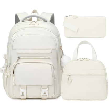 GeeWin Girls Backpack, 15.6" Laptop Backpack Schoolbag for Girls Teens Kid Children Elementary Middle School Student, Waterproof Stylish Girl Bookbag with Insulated Lunch Bag & Pencil Bag (Beige) - color: Beige Buckle