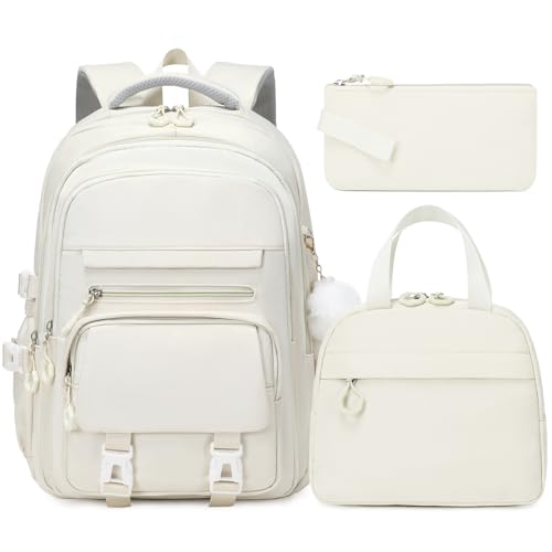 GeeWin Girls Backpack, 15.6" Laptop Backpack Schoolbag for Girls Teens Kid Children Elementary Middle School Student, Waterproof Stylish Girl Bookbag with Insulated Lunch Bag & Pencil Bag (Beige) - color: Beige Buckle