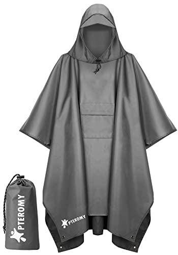 PTEROMY 3-in-1 Hooded Rain Poncho for Adult with Pocket, Waterproof Lightweight Unisex Raincoat for Hiking Camping Emergency - color: Grey