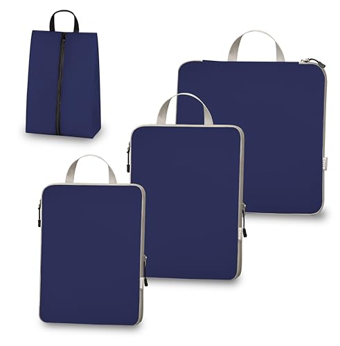 4 Set Compression Packing Cubes for Travel Expandable Packing Organizer Bag | Water-Resistant Suitcase Bags with Shoe Bag, Ultralight Storage Travel Bags for Carry-on Luggage, M L XL Sizes, Blue - color: Blue, size: Set of 4