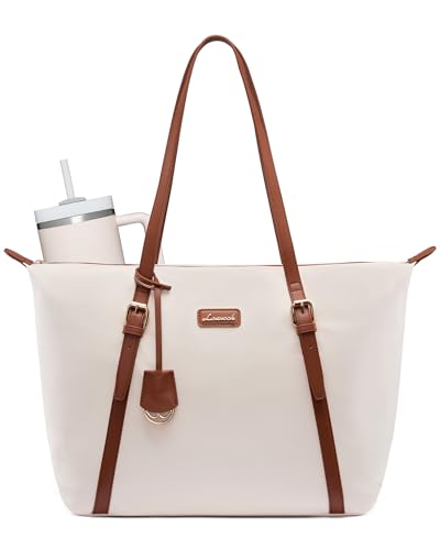 LOVEVOOK Laptop Tote Bag for Women, Lightweight Work Tote with Cup Holder, Waterproof Large Computer Bag for Office Travel - color: Beige, size: 17.3Inch