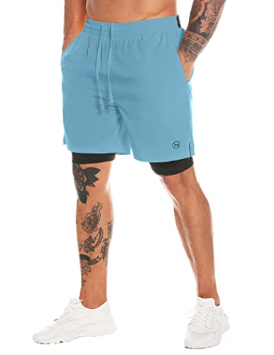 Men's 2 in 1 Workout Running Shorts 7" Quick Dry Athletic Shorts with Liner Gym Training Short for Men with Towel Loop - color: Light Blue, size: Medium