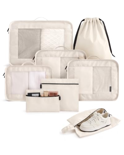 LIGHT FLIGHT 8 Set Packing Cubes for Travel, Durable Travel Essentials for Cruish Ship, Suitcase Organizer Packing Bags (8-Pack 1L+2M+1S+1Shoe Bag+2Toiletry Bags+1Laundry Bag) - color: Beige
