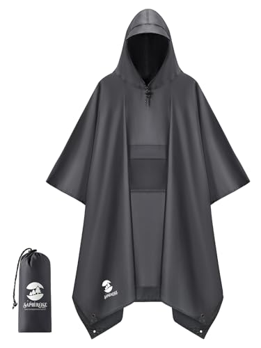 SaphiRose Extra Thick Hooded Rain Poncho Double Layer Waterproof Raincoat Jacket for Men Women Adults - color: Grey