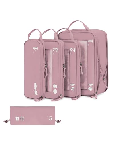 ECOHUB 5 Set Compression Packing Cubes for Suitcases Organiser Bags Set Travel Essentials with Shoe Bag for Traveling Tear-resistant Travel Accessories with ID Tag Expandable Packing Bags(Pink) - color: All Pink-Compress, size: 5 Set Compression Packing C