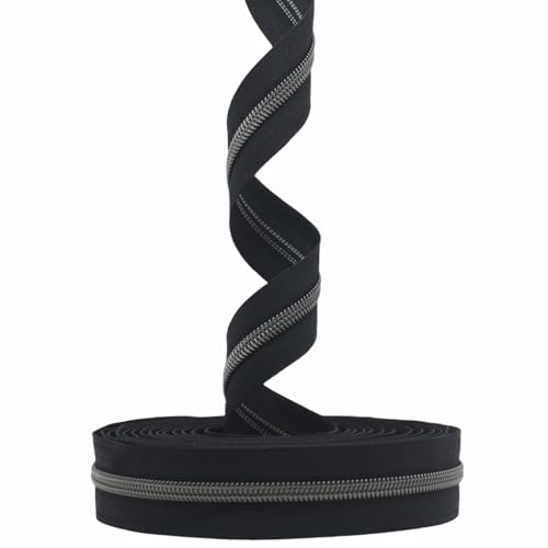 MebuZip #5 Gunmetal Metallic Nylon Coil Zippers by The Yard Bulk Coil Zipper Roll 10 Yards with 25pcs Pulls for DIY Sewing Craft Bags (Black) - color: Gunmetal Black