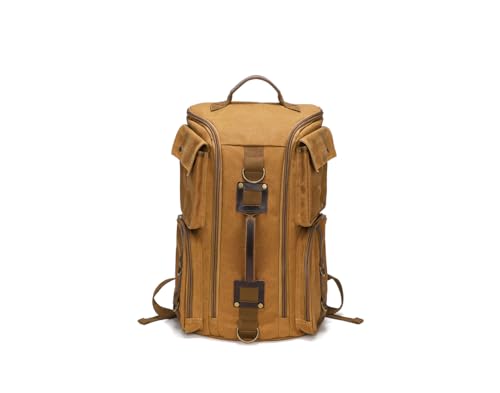 Heavy-Duty Waxed Canvas Backpack for Men,17" Laptop Rucksack with Genuine Leather, Multi-Pocket Travel Bag - color: Yellow