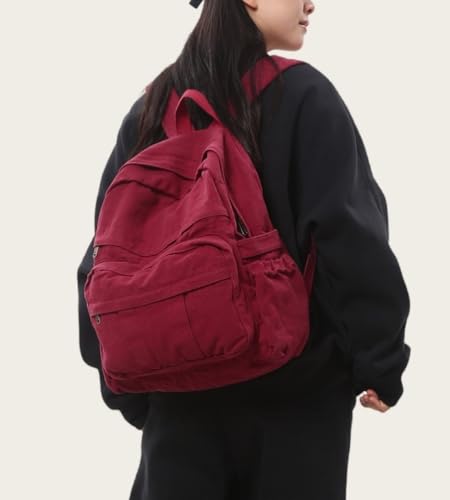Burgundy Red Canvas Backpack for Women Retro Aesthetic Rucksack Basic Backpack for High School/College Students Travel Laptop Bag - color: Burgundy Red